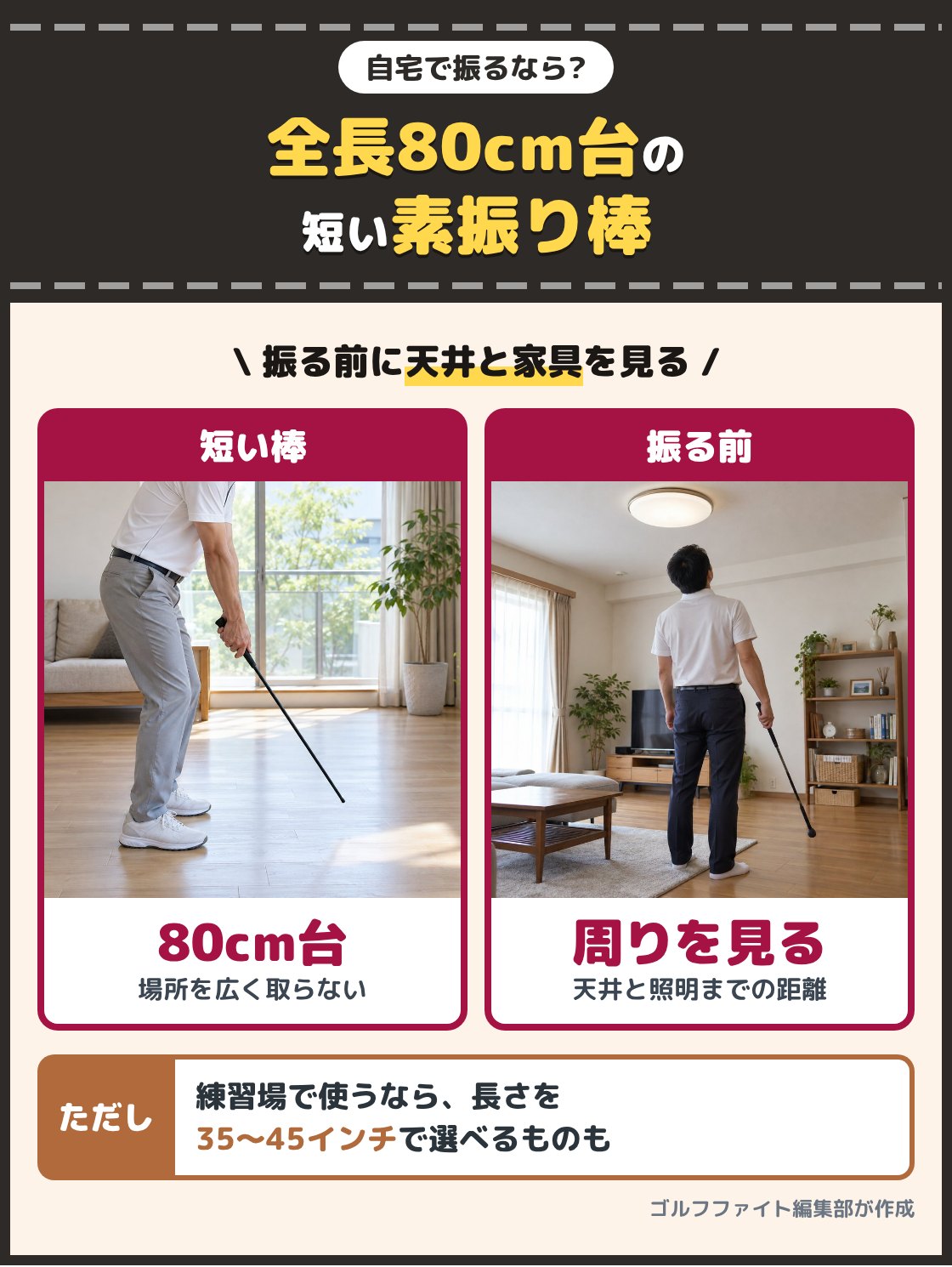 部屋の中で短い素振り棒を構えるゴルファーと、天井の照明を見上げる部屋の写真。部屋の中で振るなら全長80cmから83cmほどの短い素振り棒を選び、振る前に天井の高さと周りの家具や照明までの距離を確かめる