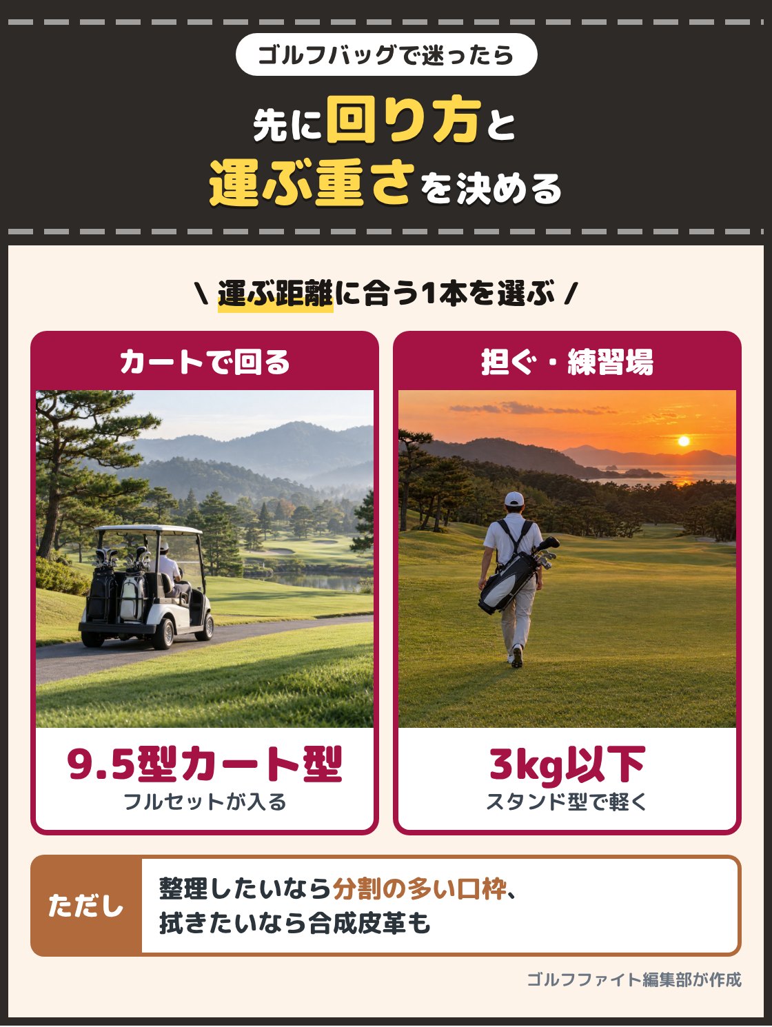 乗用カートで回るゴルファーと、スタンド型のバッグを担いで歩くゴルファーの写真。乗用カートで回る方は9.5型のカート型、担ぐ日や練習場にも持っていく方は3kg以下のスタンド型から選ぶ